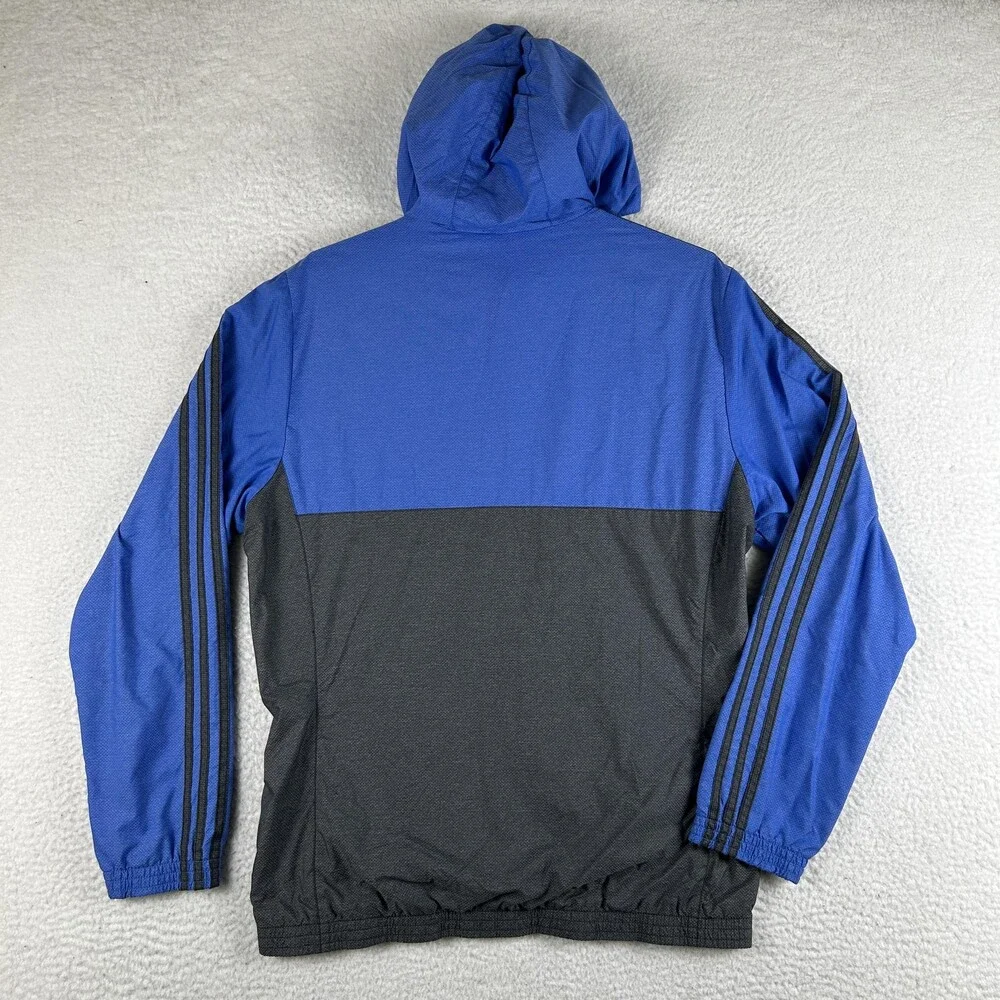 Adidas Jacket Mens Medium Blue Gray Hooded 3 Stripes Windbreaker Zip Up Athletic